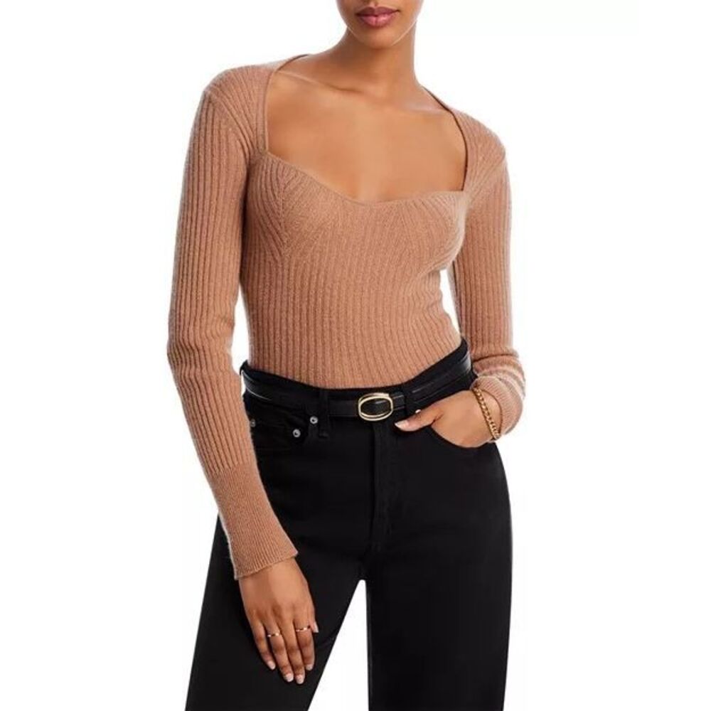 Aqua Cashmere Ribbed Sweetheart Neck Camel Sweater New Large